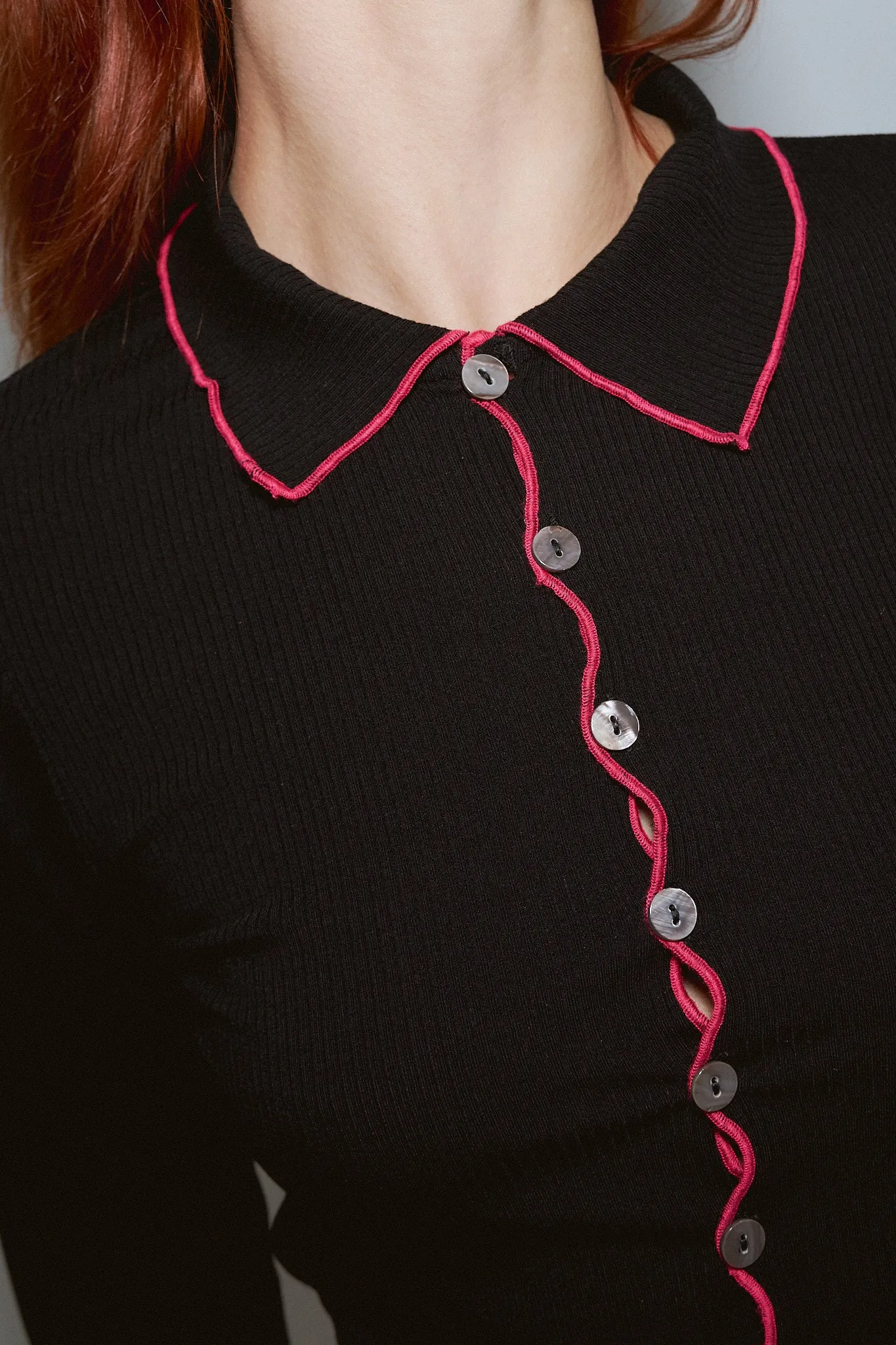 Long Sleeve Contrast Seam Tencel Rib Cardigan Black/Pink sold by Fashion Brand Company product image thumbnail 3