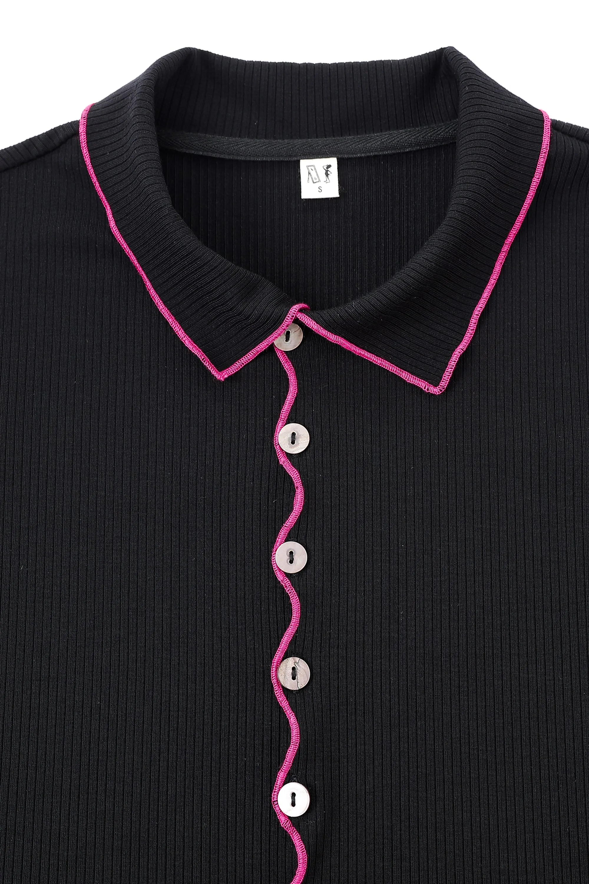 Long Sleeve Contrast Seam Tencel Rib Cardigan Black/Pink sold by Fashion Brand Company product image thumbnail 4