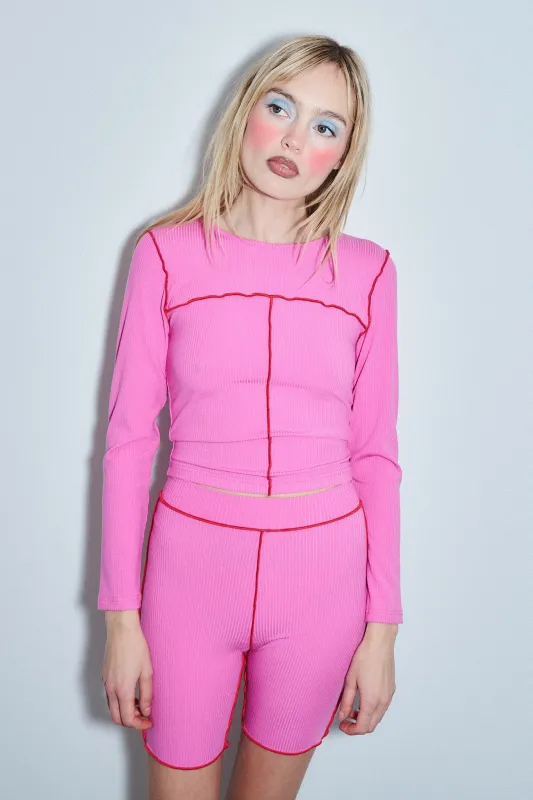 Seamed Long Sleeve Top Tencel Rib Pink/Red made by Fashion Brand Company