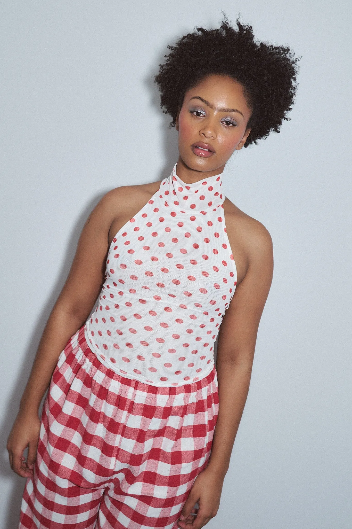 Mock Halter Mesh Tank Red Polka Dot sold by Fashion Brand Company