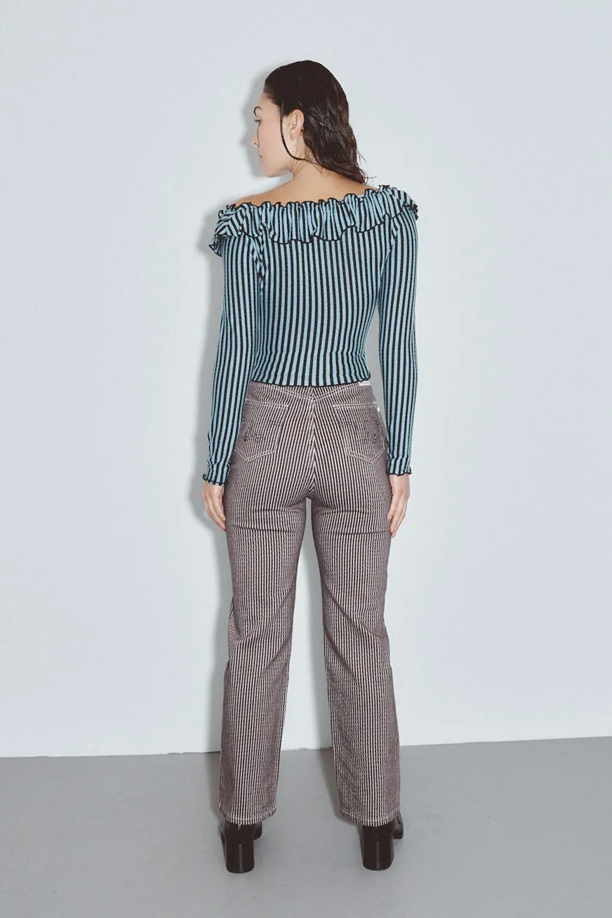 Ruffled Scoop Neck Long Sleeve Top Blue Stripe sold by Fashion Brand Company product image thumbnail 5