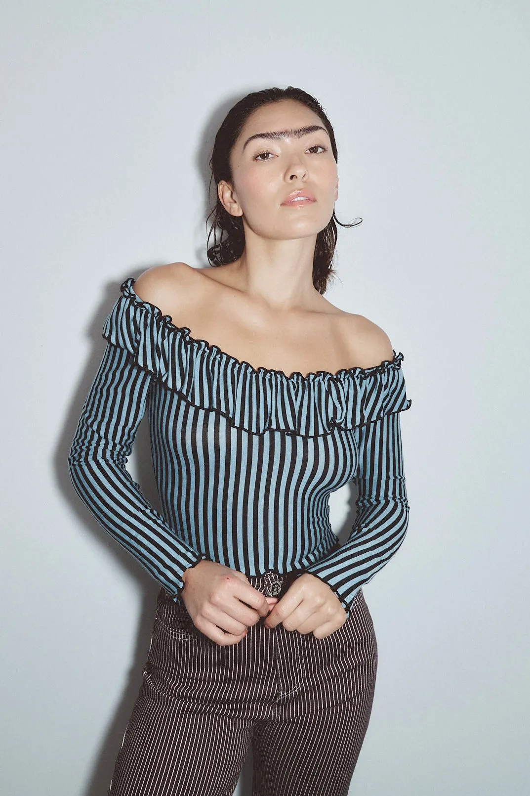 Ruffled Scoop Neck Long Sleeve Top Blue Stripe sold by Fashion Brand Company product image thumbnail 3