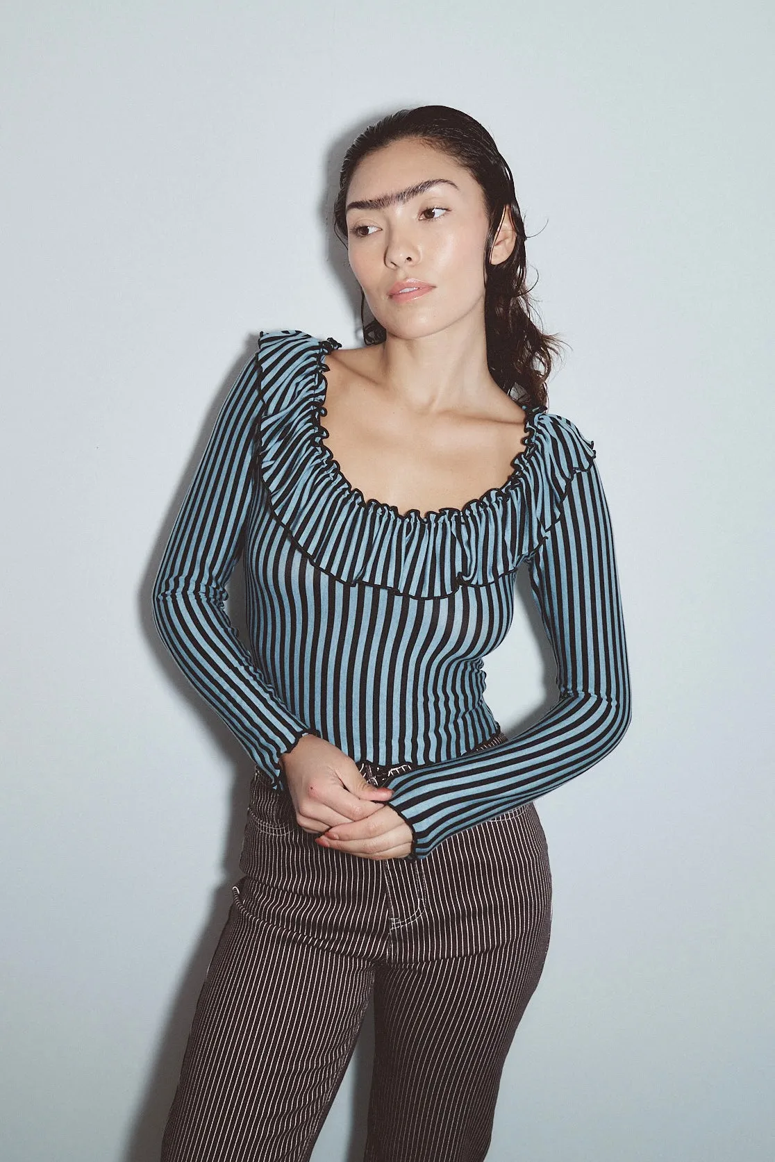 Ruffled Scoop Neck Long Sleeve Top Blue Stripe sold by Fashion Brand Company