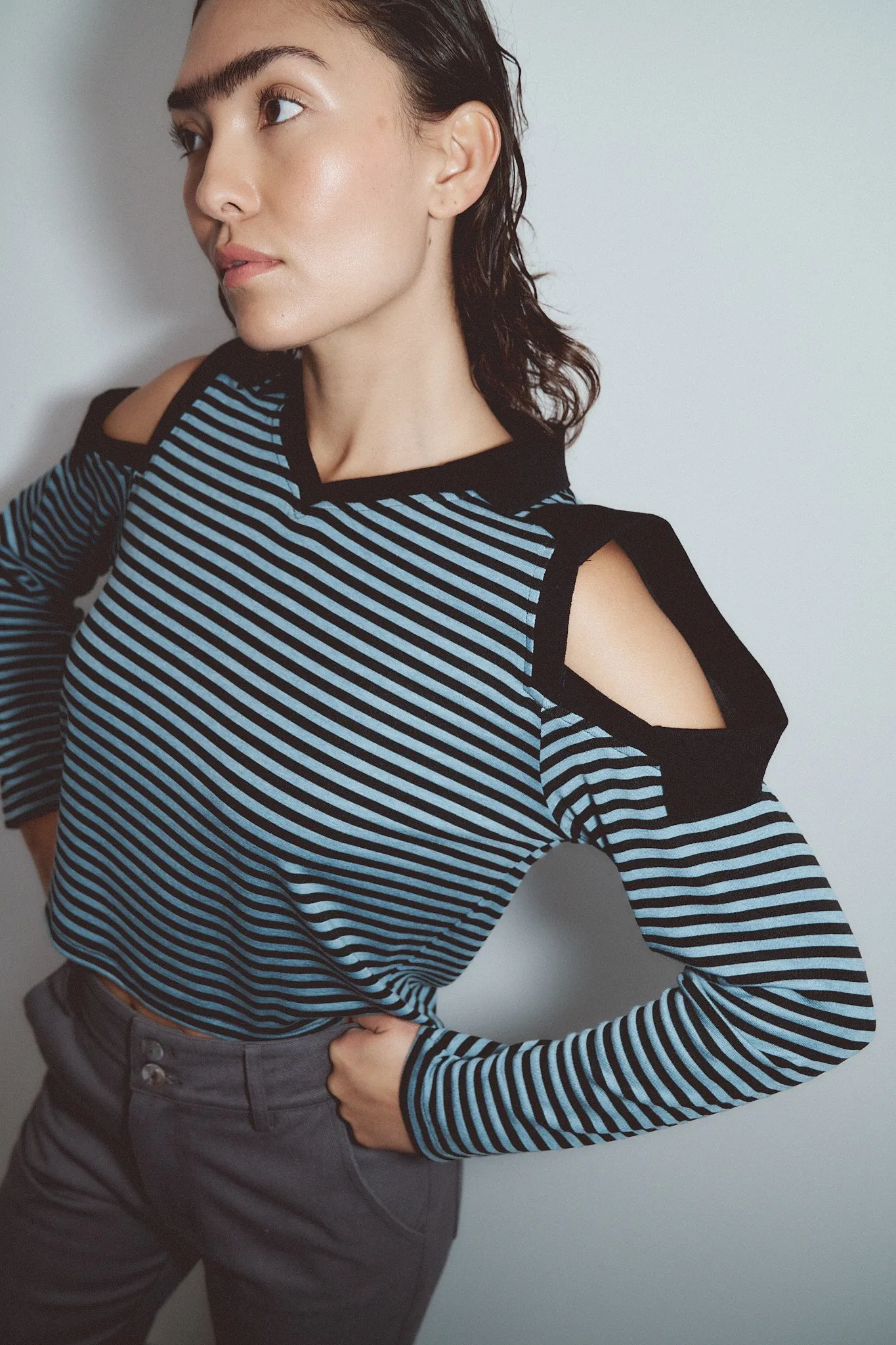 Long Sleeve 3 Collar Rugby Tee Blue Stripe sold by Fashion Brand Company product image thumbnail 4