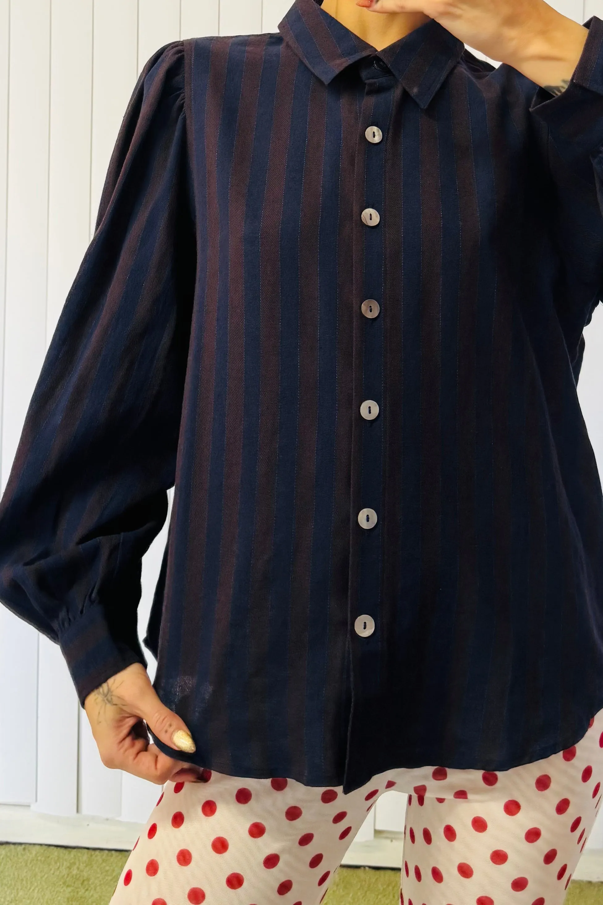 SAMPLE #19 - S Striped Navy Button Up sold by Fashion Brand Company product image thumbnail 2