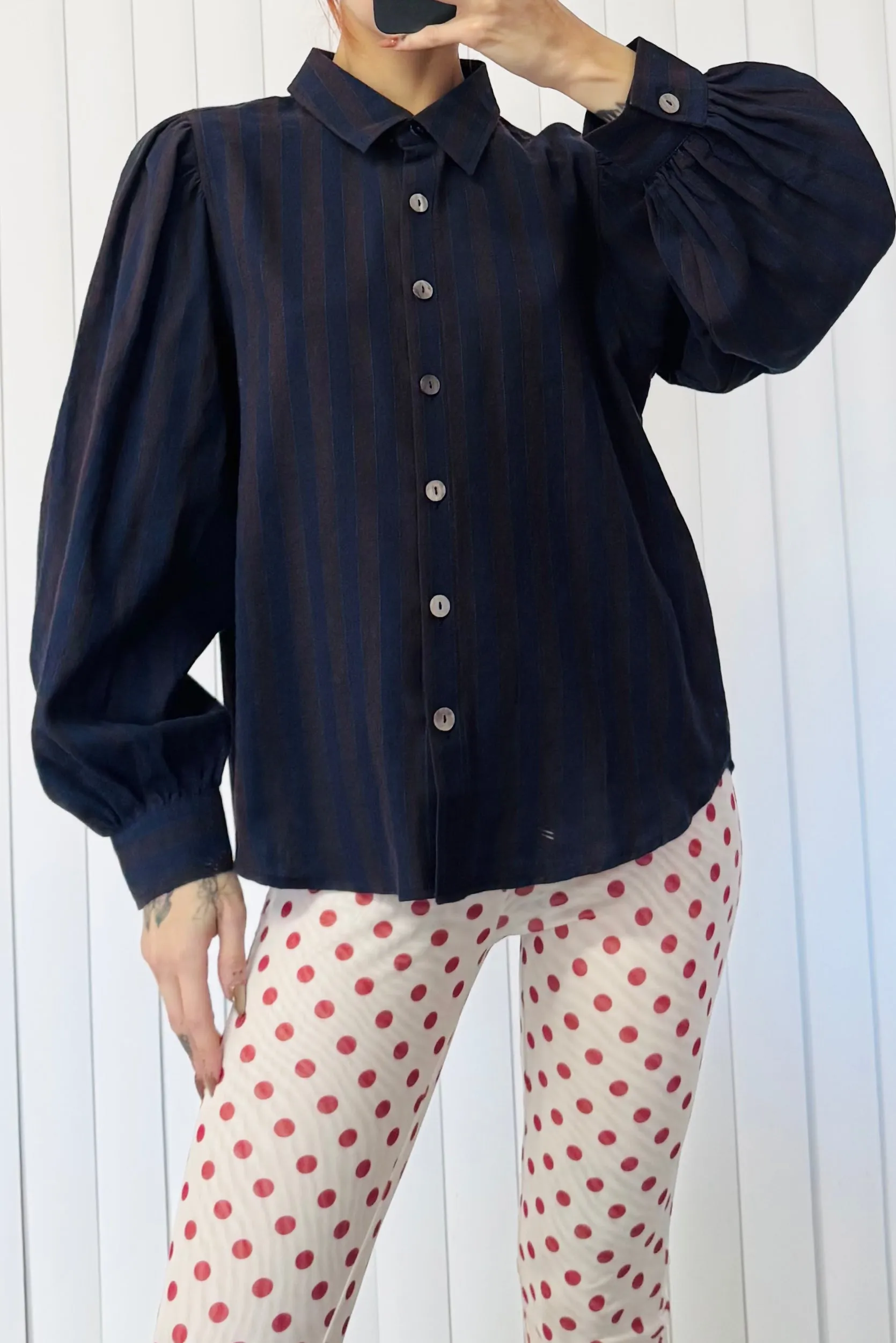 SAMPLE #19 - S Striped Navy Button Up sold by Fashion Brand Company