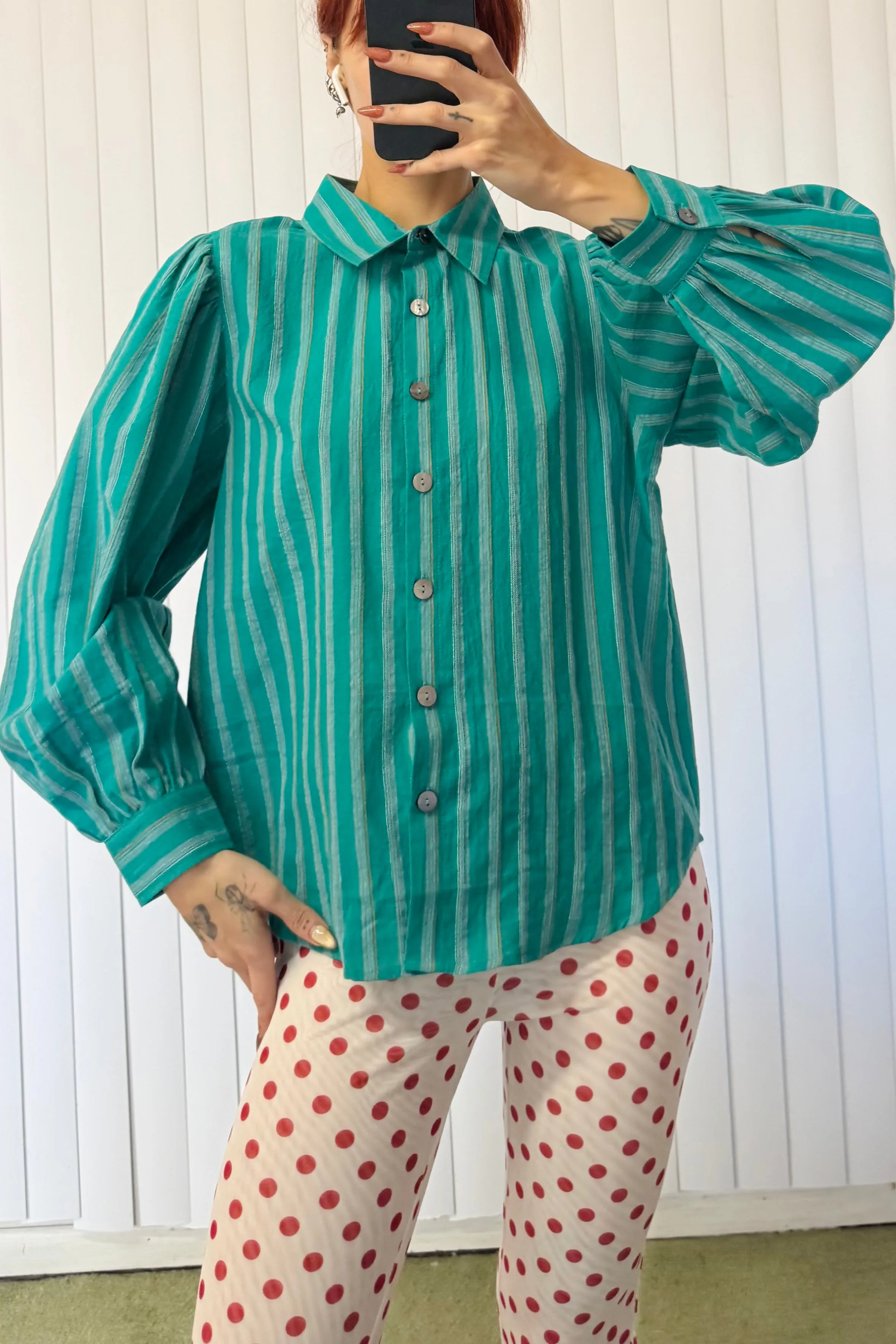 SAMPLE #20 - S Striped Teal Button Up sold by Fashion Brand Company product image thumbnail 2