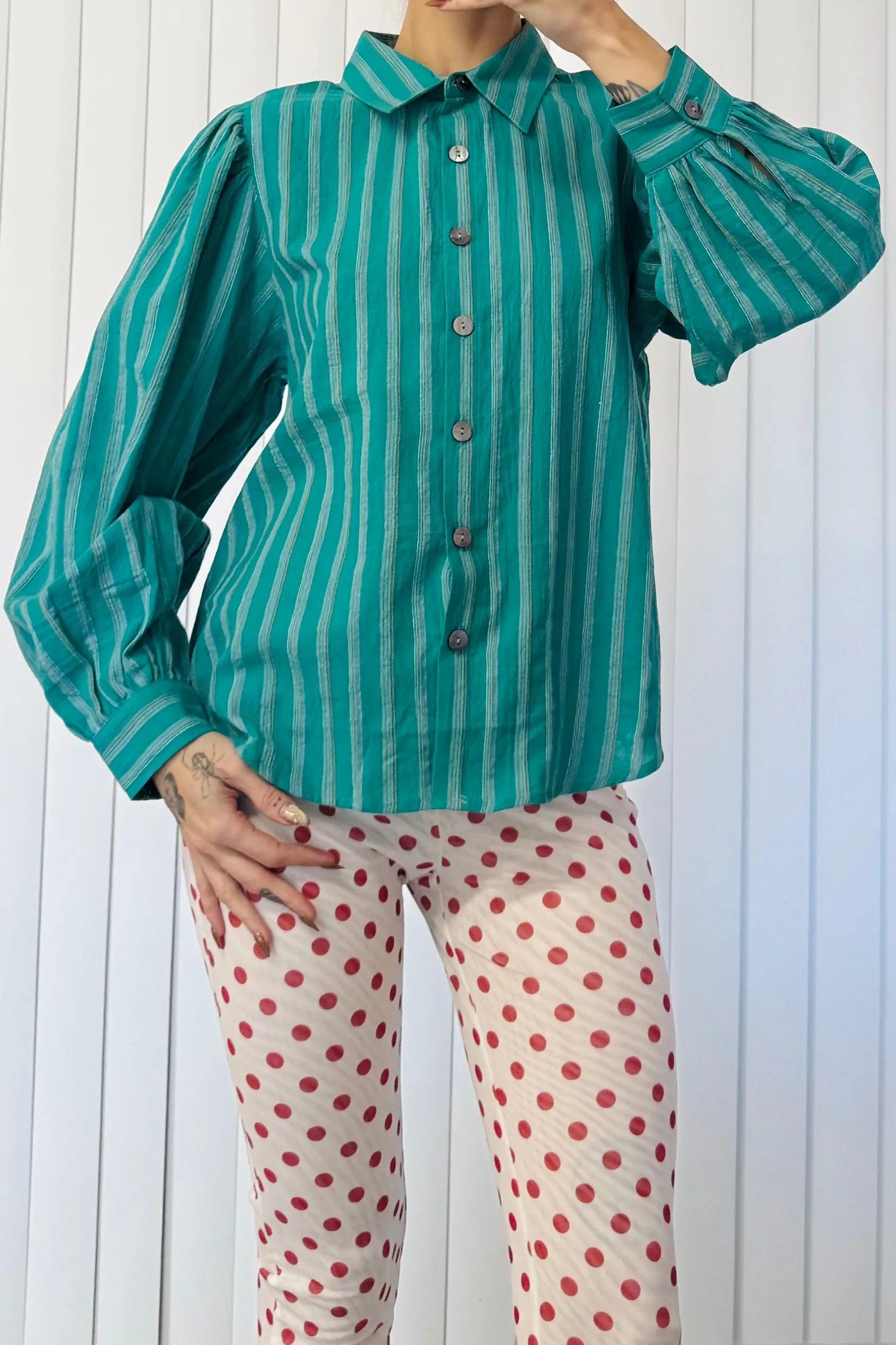 SAMPLE #20 - S Striped Teal Button Up sold by Fashion Brand Company
