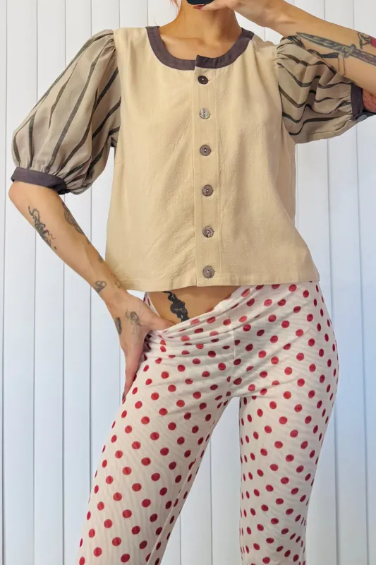 SAMPLE #22 - S Beige Stripe Sleeve Button Up made by Fashion Brand Company