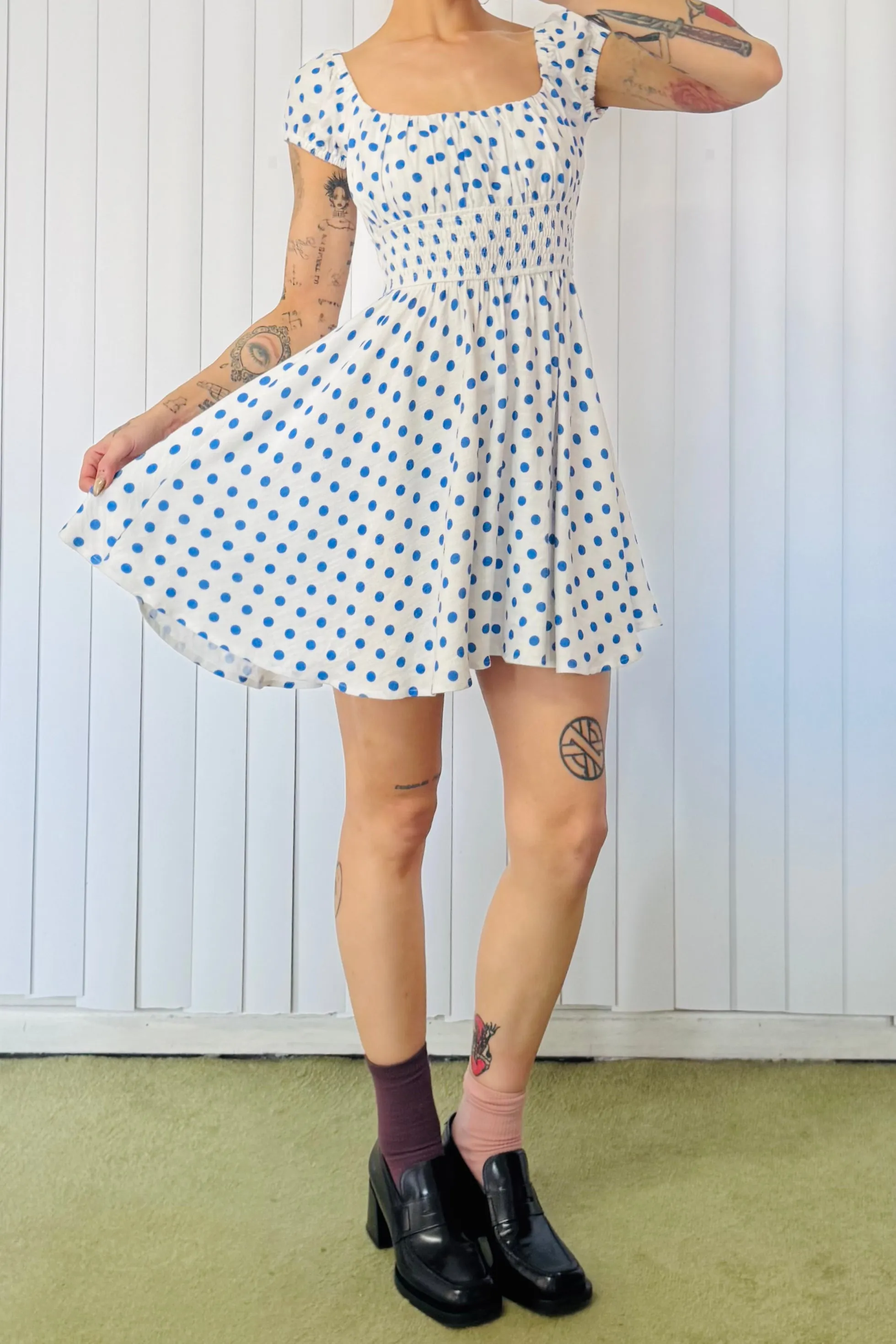 SAMPLE #30 - S White / Blue Polka Dot Linen Mini Dress sold by Fashion Brand Company