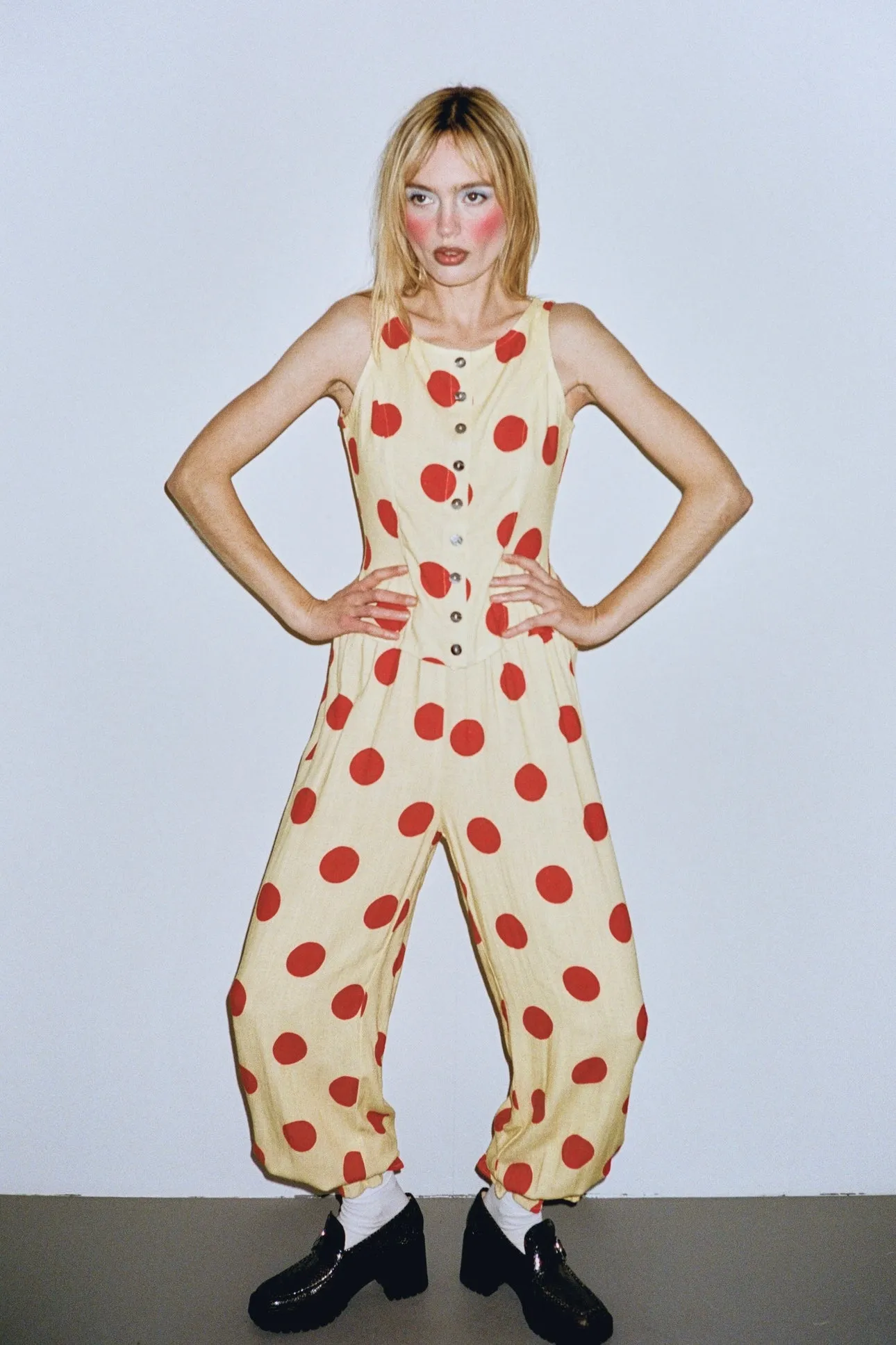 Soft Linen Button Down Tank Top Red/Yellow Polka Dot sold by Fashion Brand Company product image thumbnail 5