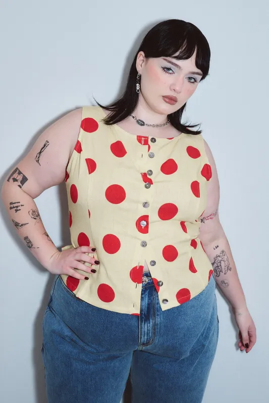 Soft Linen Button Down Tank Top Red/Yellow Polka Dot made by Fashion Brand Company