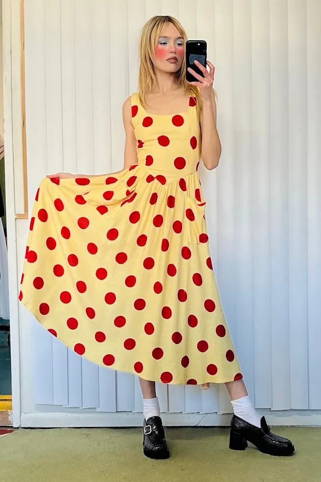 Tradwife Soft Linen Dress Red/Yellow Polka Dot sold by Fashion Brand Company product image thumbnail 2