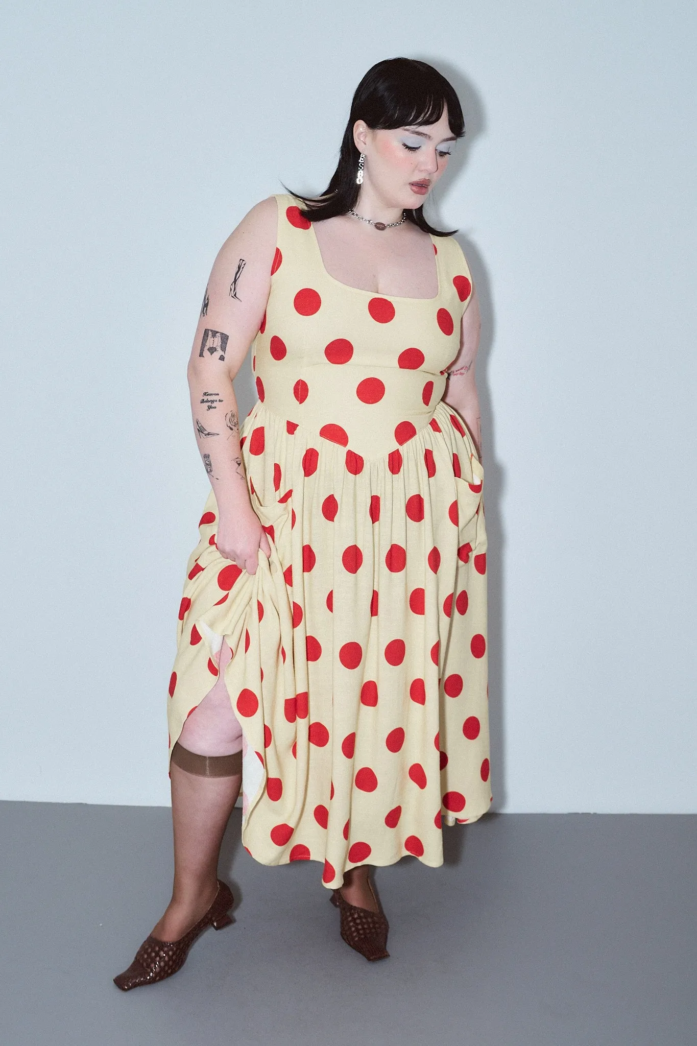 Tradwife Soft Linen Dress Red/Yellow Polka Dot sold by Fashion Brand Company product image thumbnail 4