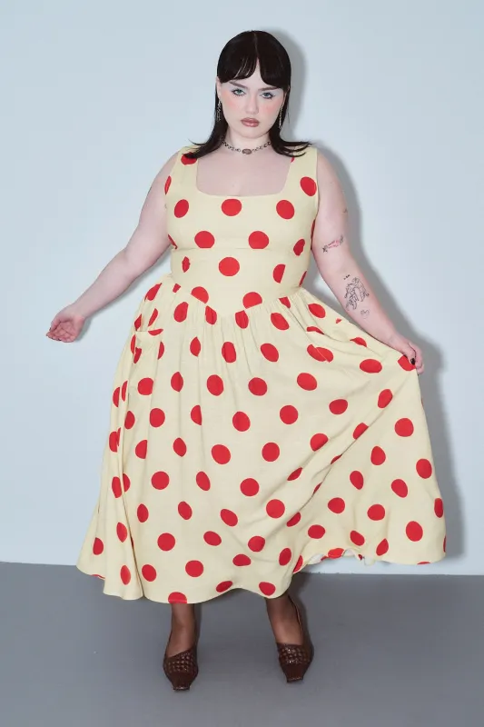 Tradwife Soft Linen Dress Red/Yellow Polka Dot made by Fashion Brand Company