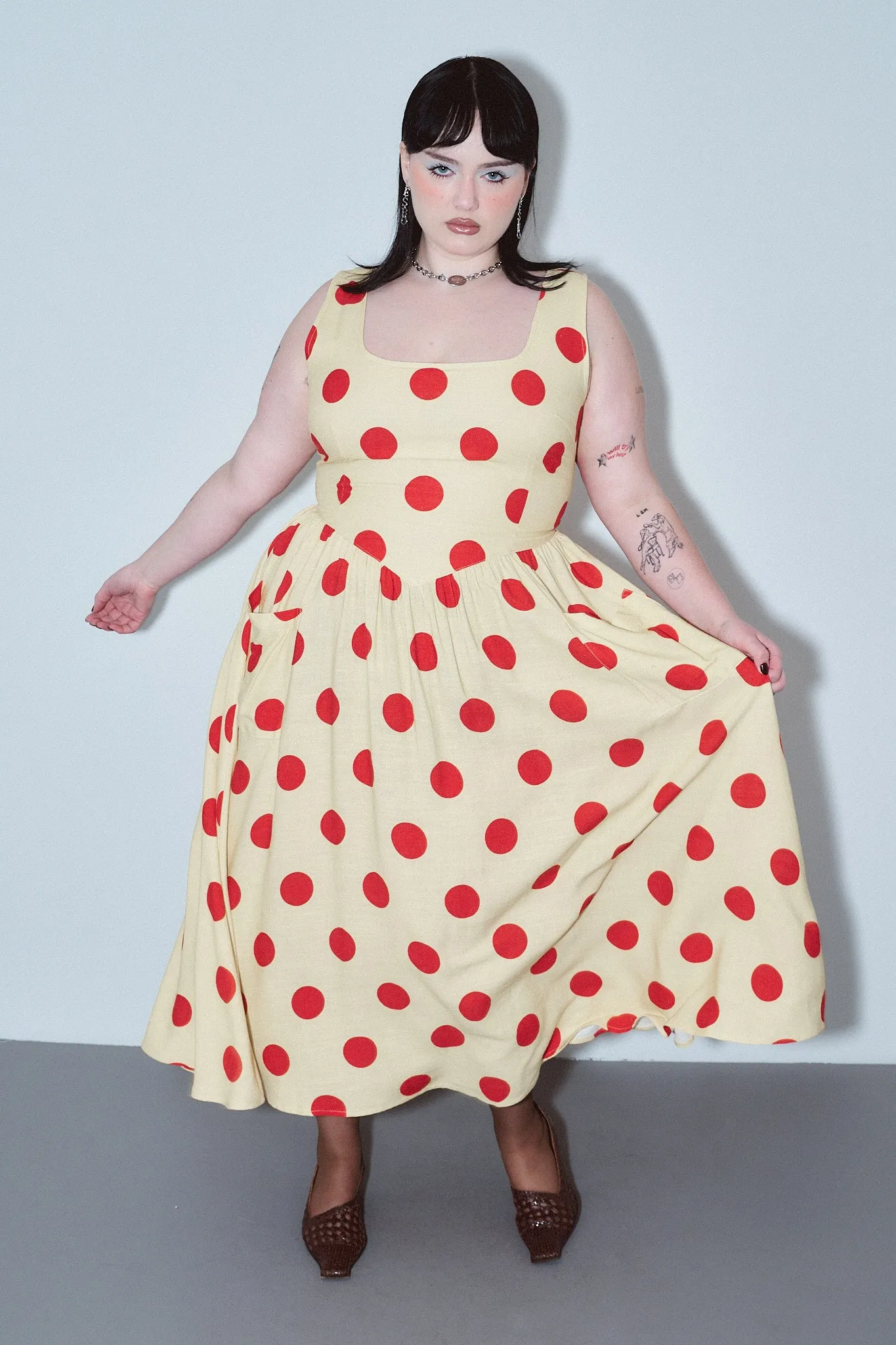 Tradwife Soft Linen Dress Red/Yellow Polka Dot sold by Fashion Brand Company