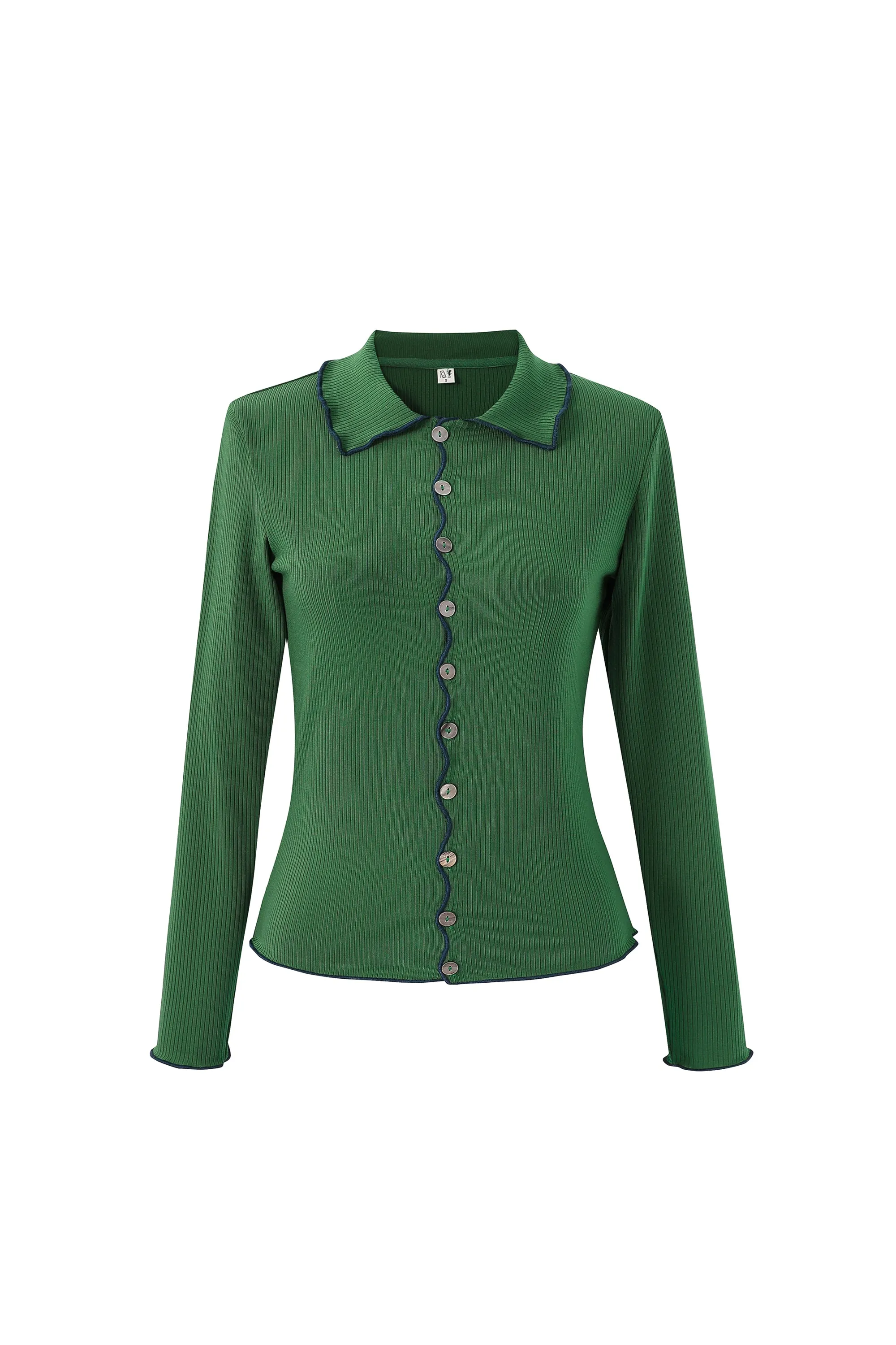 Long Sleeve Contrast Seam Tencel Rib Cardigan Green/Navy sold by Fashion Brand Company product image thumbnail 2