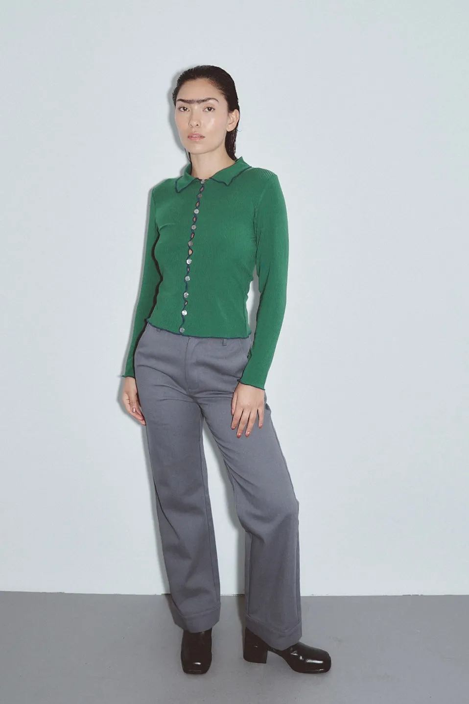 Long Sleeve Contrast Seam Tencel Rib Cardigan Green/Navy sold by Fashion Brand Company product image thumbnail 4