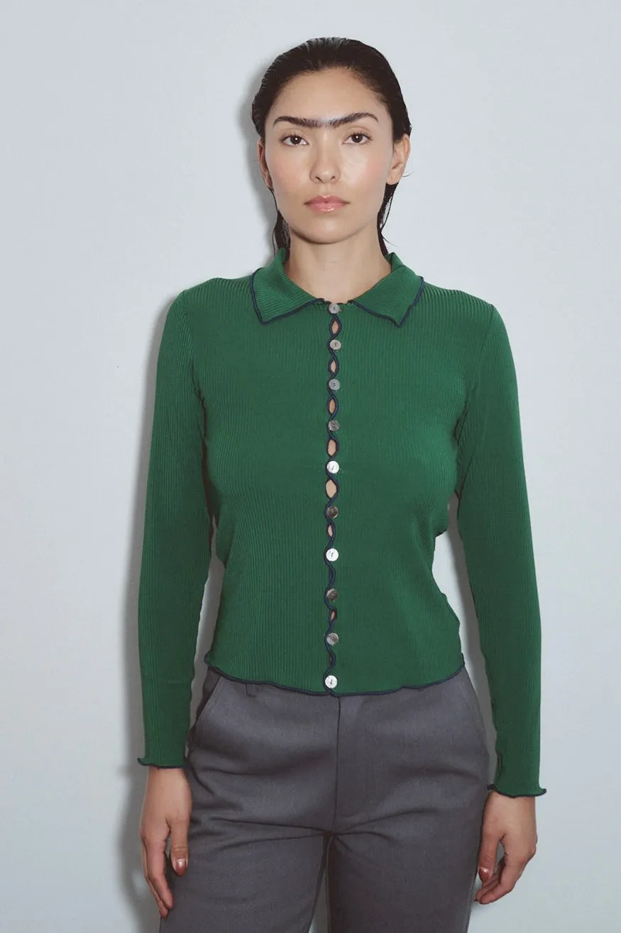 Long Sleeve Contrast Seam Tencel Rib Cardigan Green/Navy sold by Fashion Brand Company