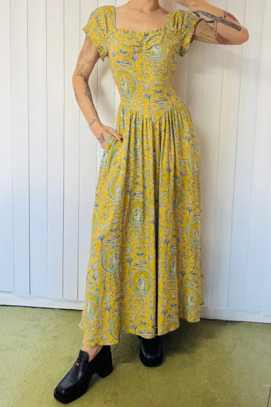 SAMPLE #712 - S Yellow Brocade Soft Linen Maxi Dress made by Fashion Brand Company