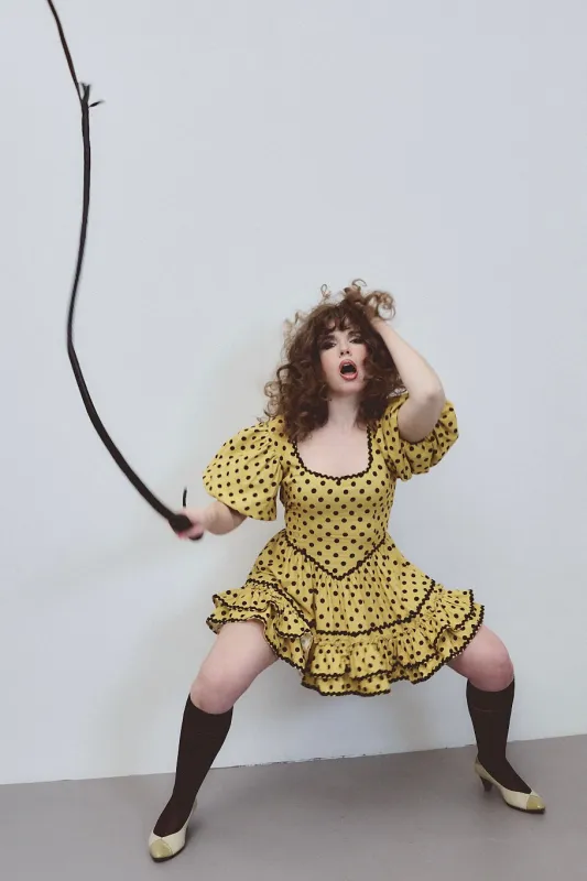 2 left - Loretta Ruffle Mini Dress Yellow Polka Dot made by Fashion Brand Company