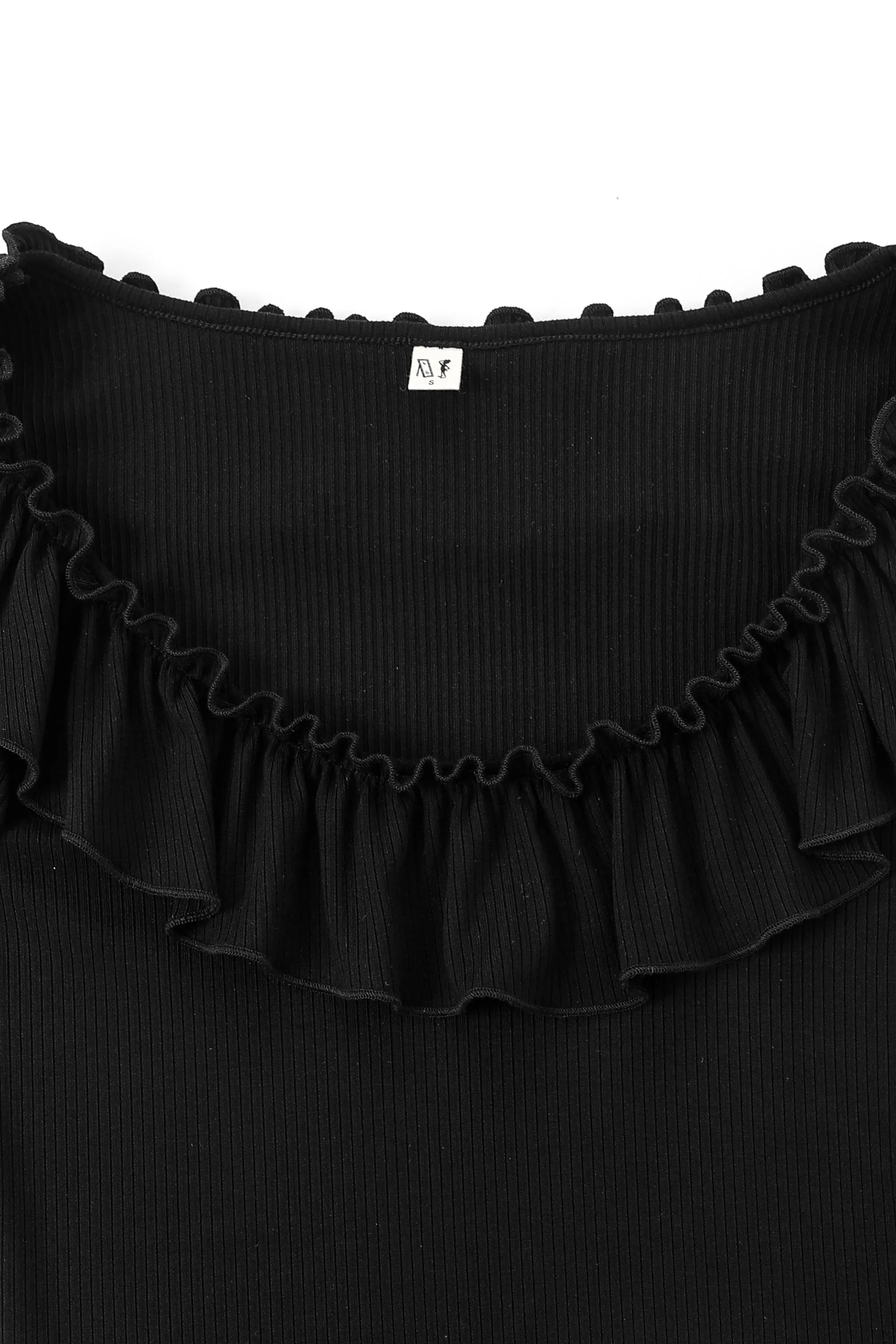 Ruffled Scoop Neck Tencel Rib Long Sleeve Top Black sold by Fashion Brand Company product image thumbnail 4
