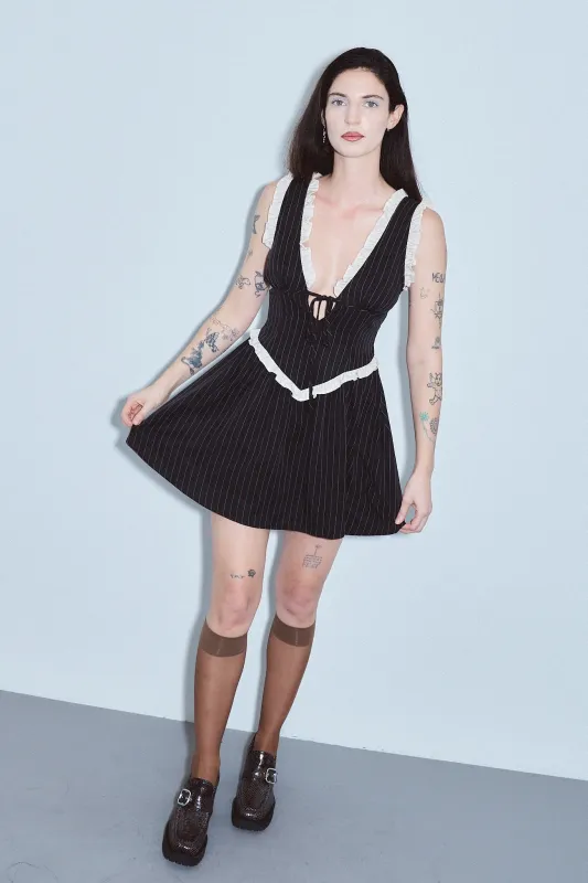 5 left - Tencel Stripe Mini Plunge Dress Black made by Fashion Brand Company