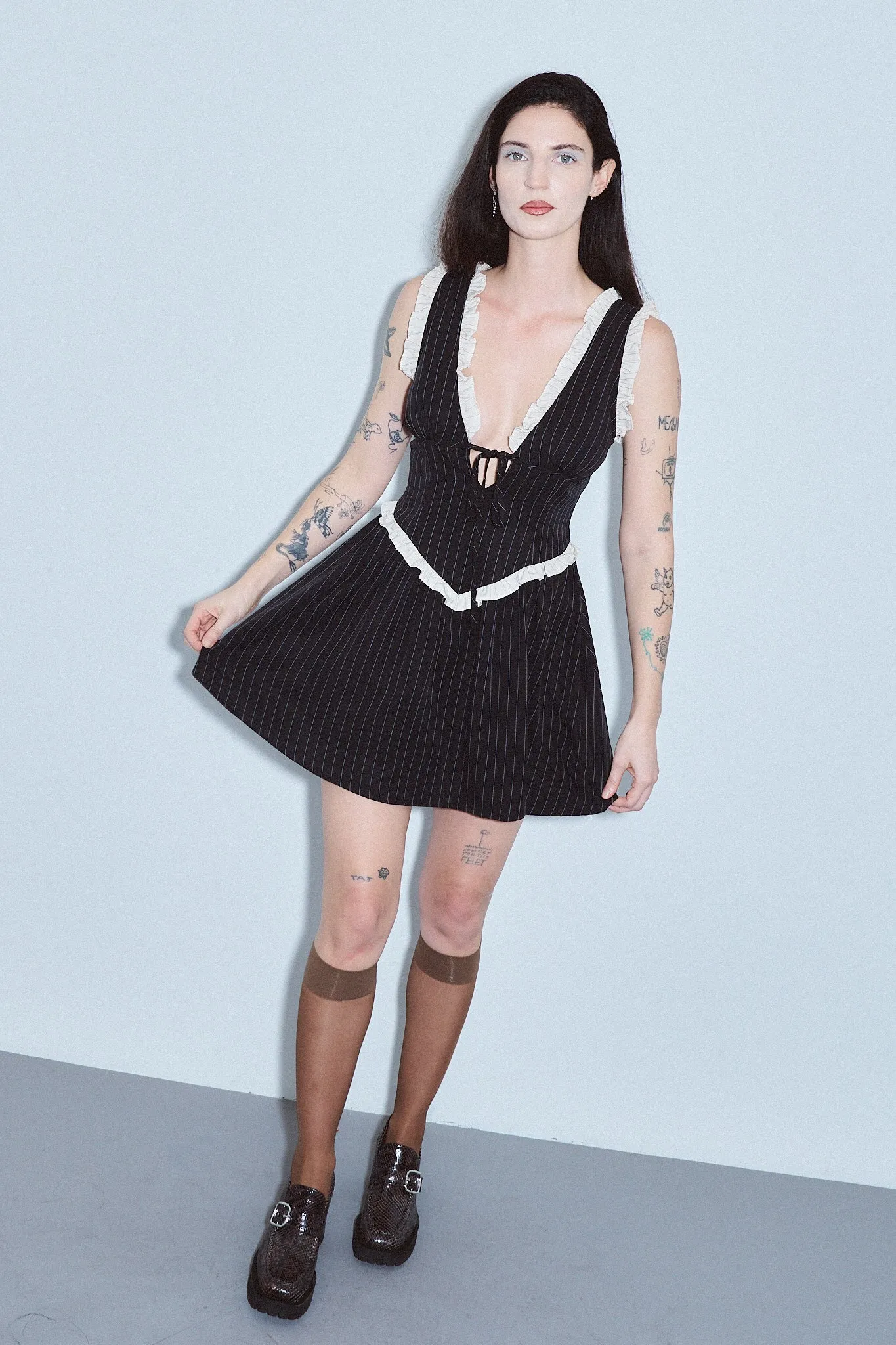 4 left - Tencel Stripe Mini Plunge Dress Black sold by Fashion Brand Company