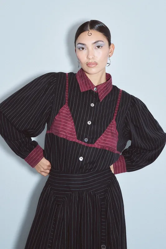 Tencel Stripe Bikini Bod Blouse Black/Maroon made by Fashion Brand Company