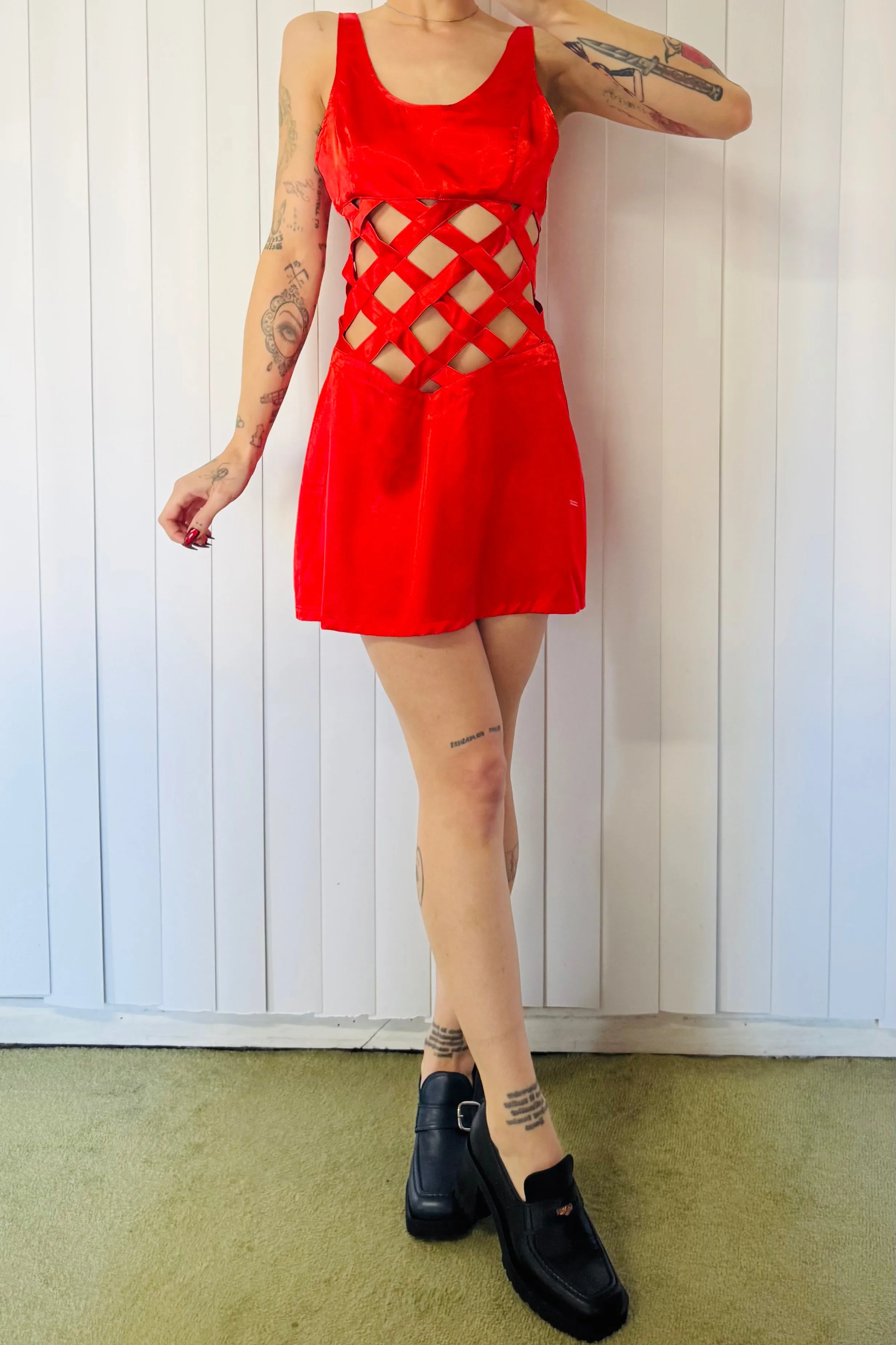 SAMPLE #787 - S Red Silk Lattice Mini Dress sold by Fashion Brand Company