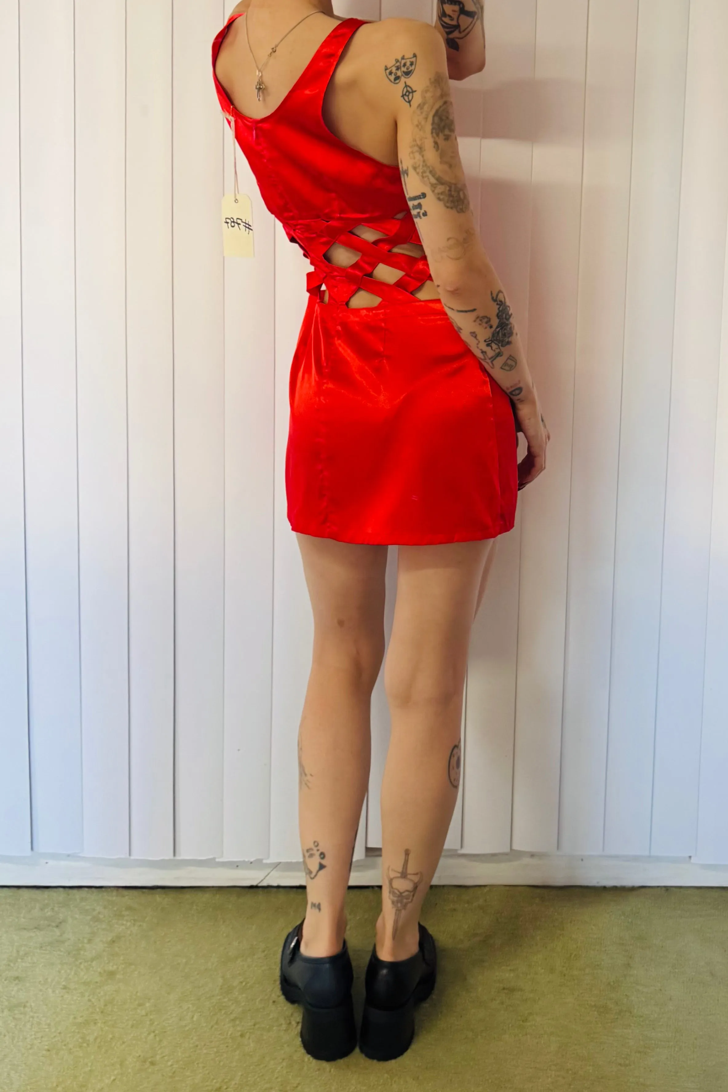 SAMPLE #787 - S Red Silk Lattice Mini Dress sold by Fashion Brand Company product image thumbnail 3