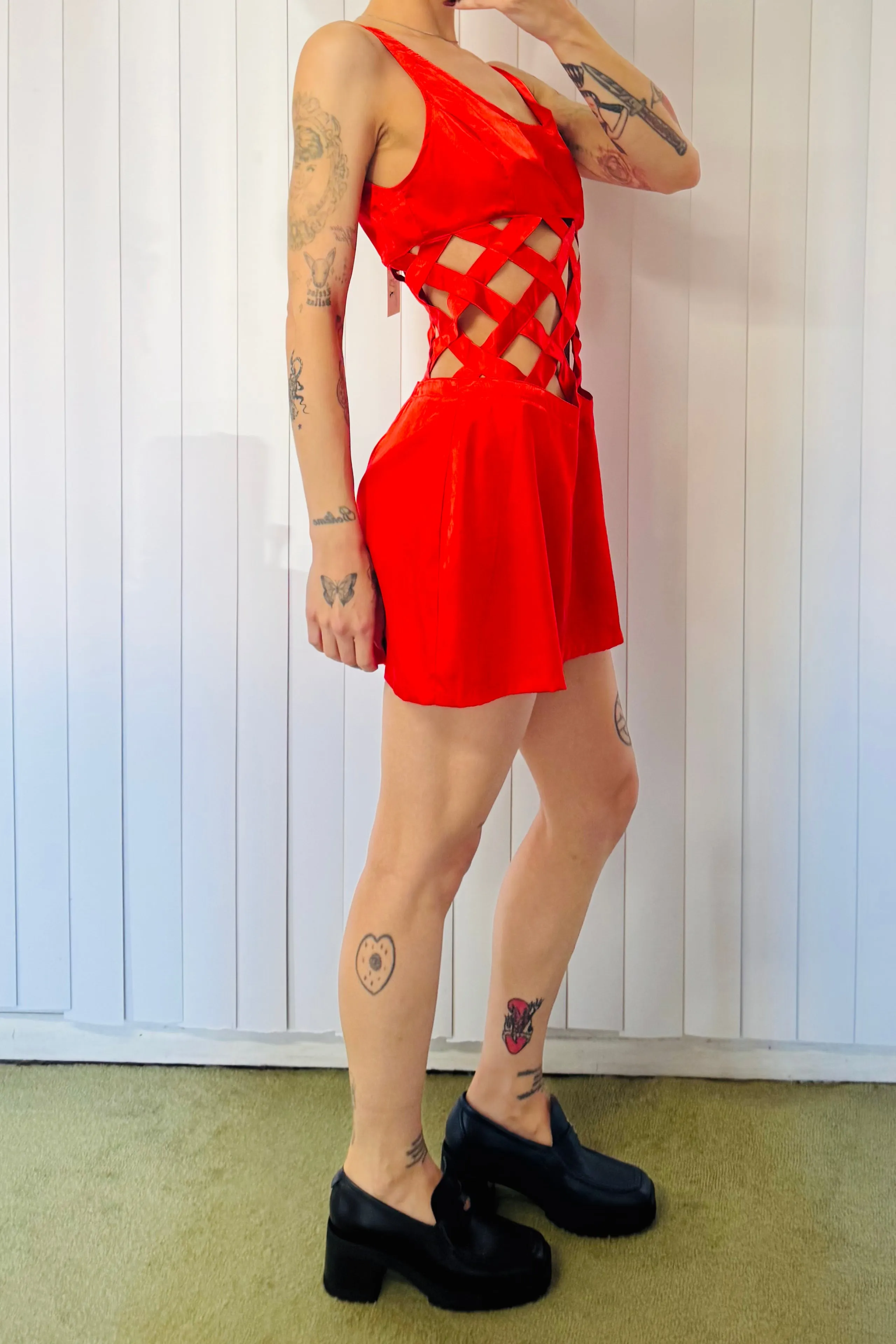 SAMPLE #787 - S Red Silk Lattice Mini Dress sold by Fashion Brand Company product image thumbnail 2
