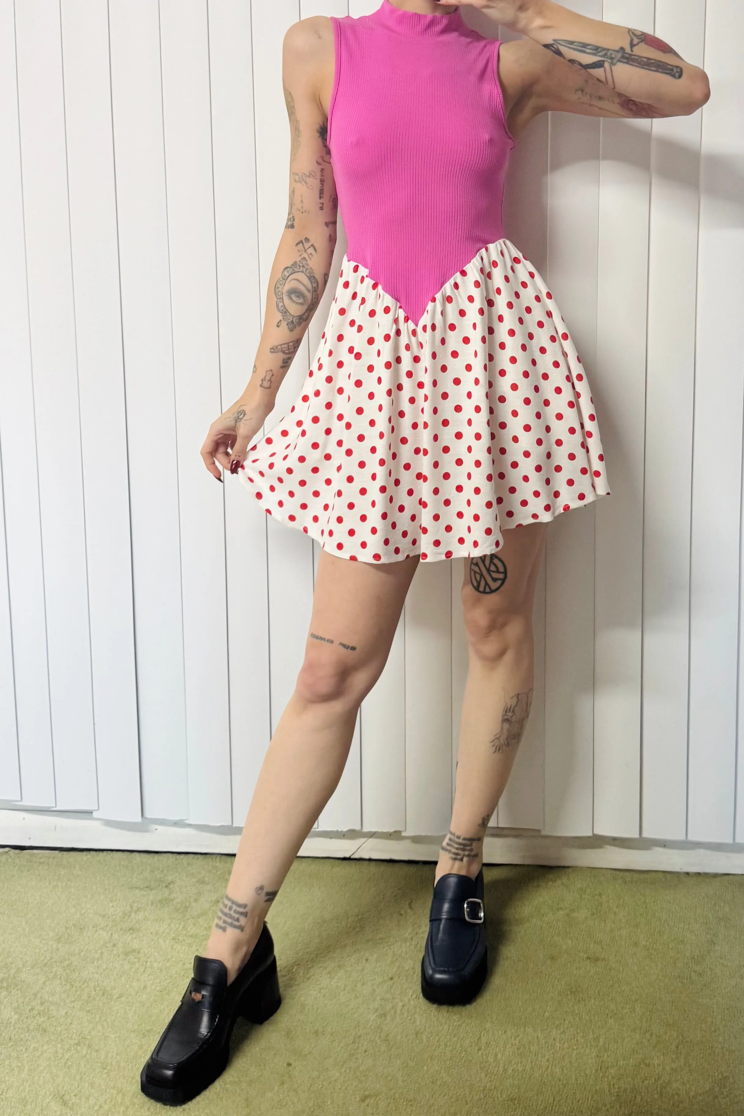 SAMPLE #783 - S Hot Pink Polka Dot Soft Linen Mini Dress sold by Fashion Brand Company