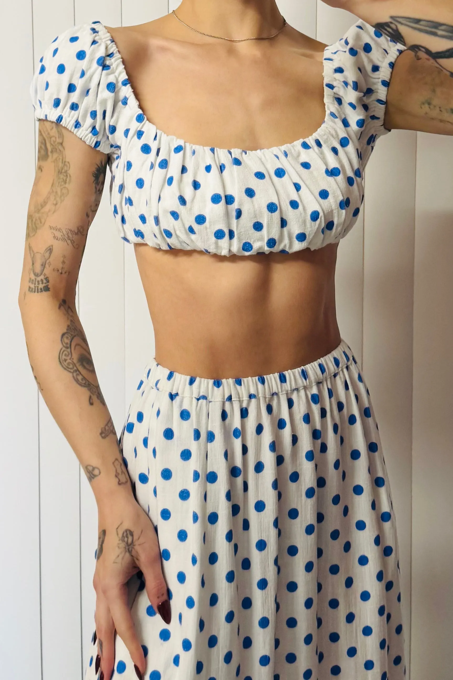 SAMPLE #776 - S Blue Polka Dot Soft Linen Bra Top sold by Fashion Brand Company