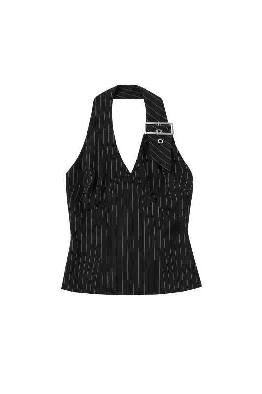 Buckle Halter Top Tencel Stripe Black made by Fashion Brand Company