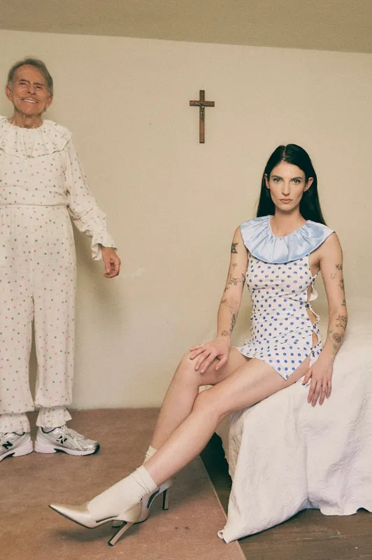 Mesh Clown Collar Dress Blue Polka Dot made by Fashion Brand Company