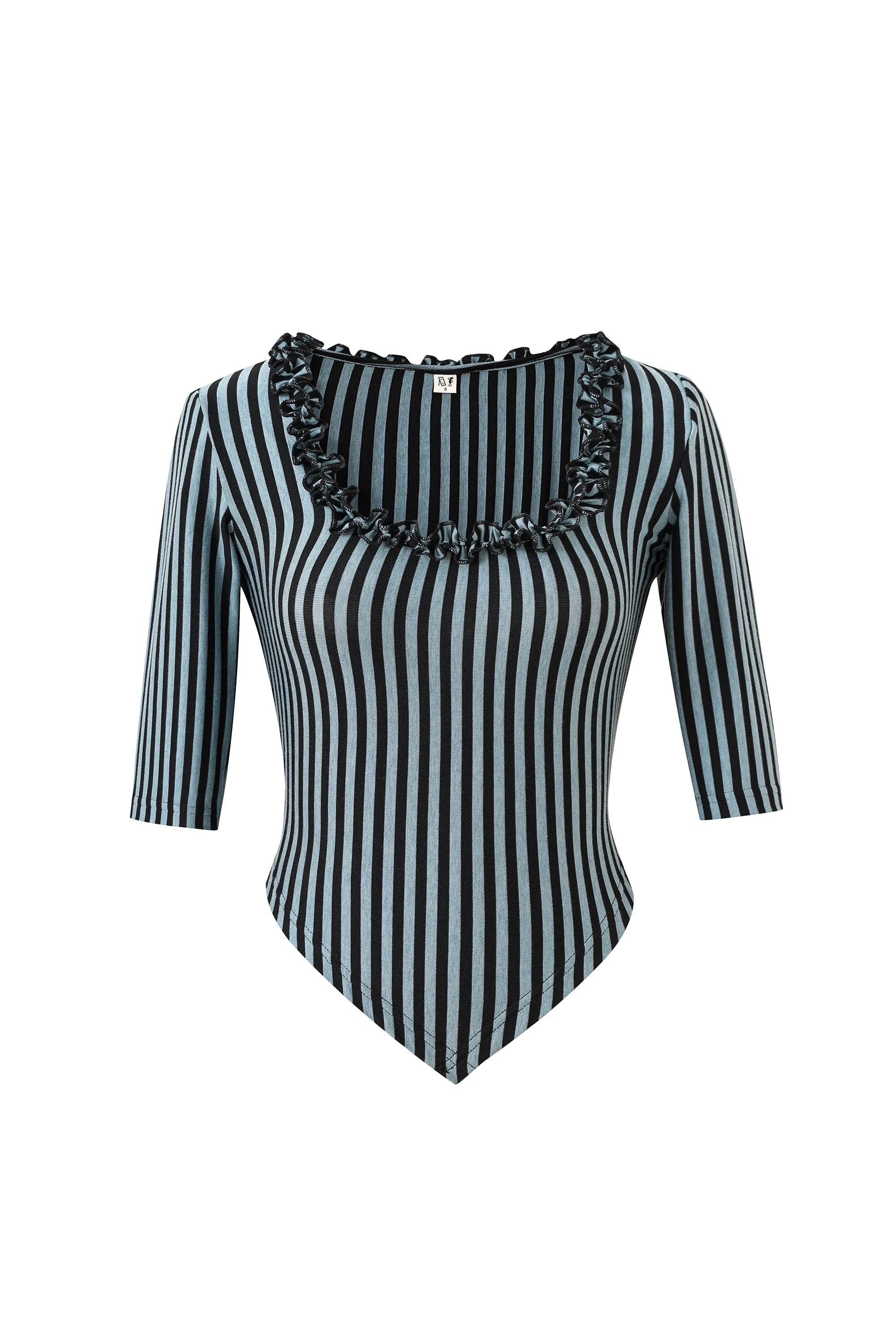 Ruffled Scoop Neck Crop V Top Blue Stripe sold by Fashion Brand Company product image thumbnail 2