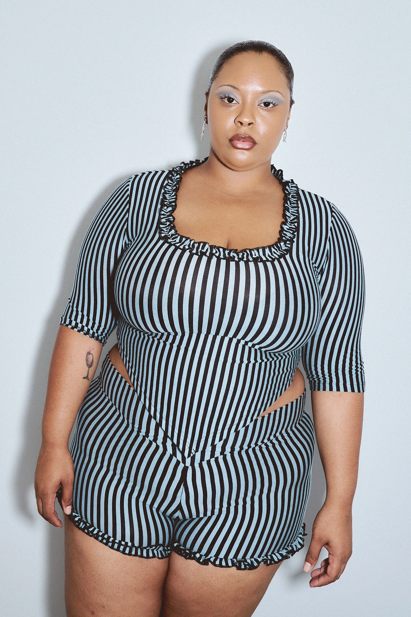 Ruffled Scoop Neck Crop V Top Blue Stripe sold by Fashion Brand Company product image thumbnail 5