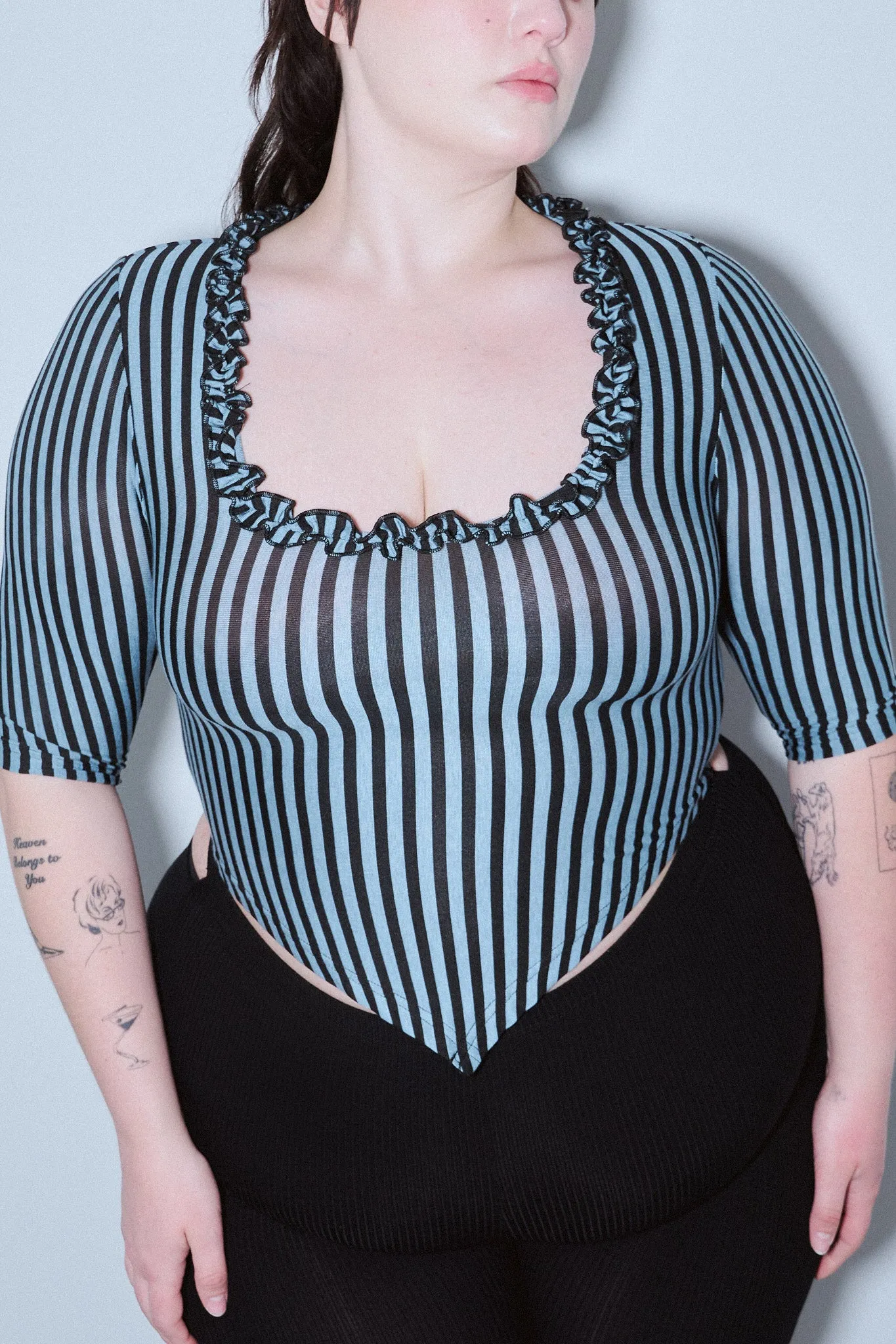 Ruffled Scoop Neck Crop V Top Blue Stripe sold by Fashion Brand Company