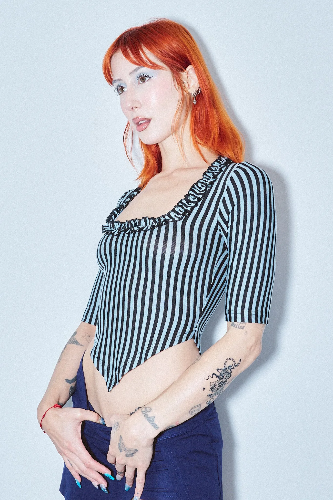 Ruffled Scoop Neck Crop V Top Blue Stripe sold by Fashion Brand Company product image thumbnail 4