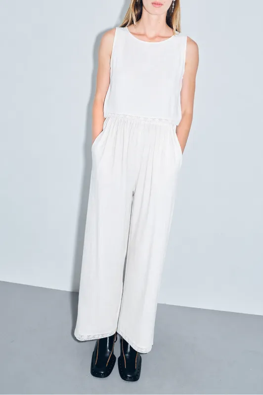 Soft Linen Lazy Pants Lace Trim White made by Fashion Brand Company