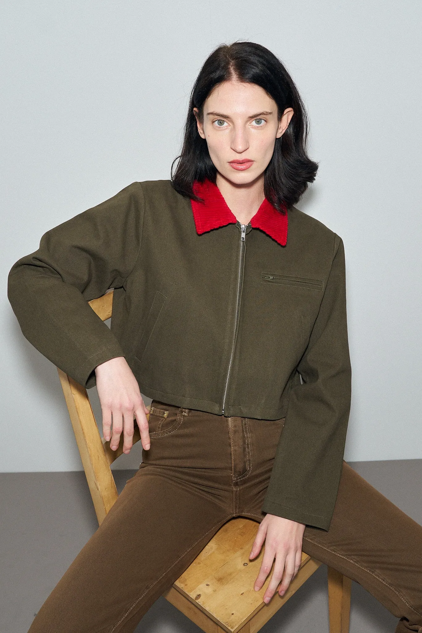 Canvas Construction Crop Jacket in Moss/red sold by Fashion Brand Company