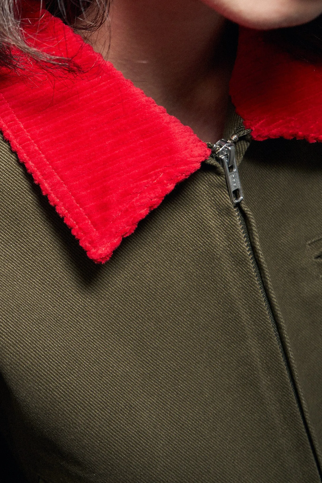 Canvas Construction Crop Jacket in Moss/red sold by Fashion Brand Company product image thumbnail 3