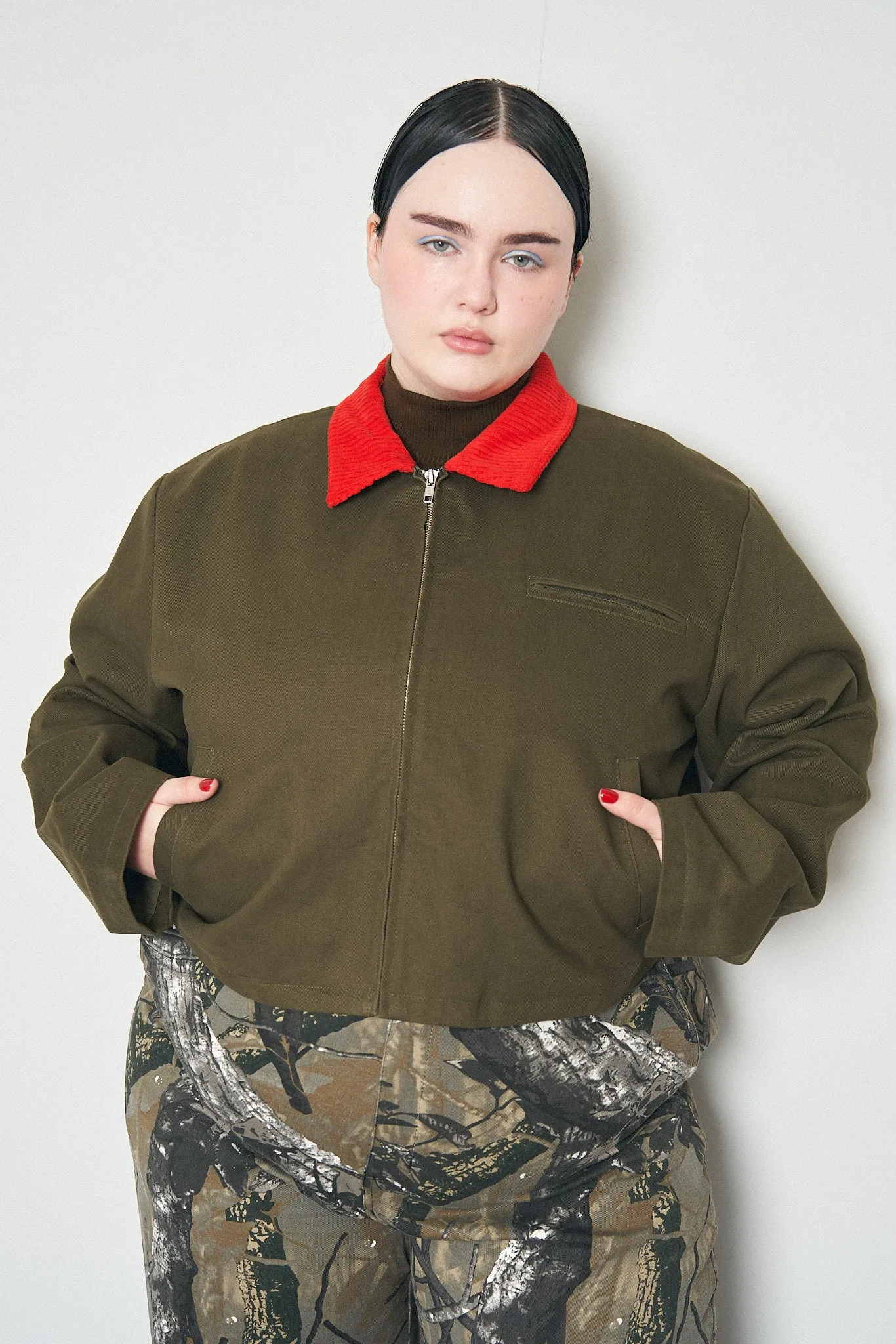 Canvas Construction Crop Jacket in Moss/red sold by Fashion Brand Company product image thumbnail 2