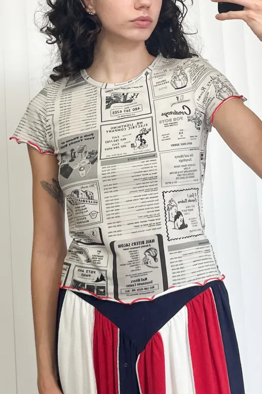 SAMPLE #85 - S Stretchy Lettuce Hem T-Shirt - White Pages made by Fashion Brand Company