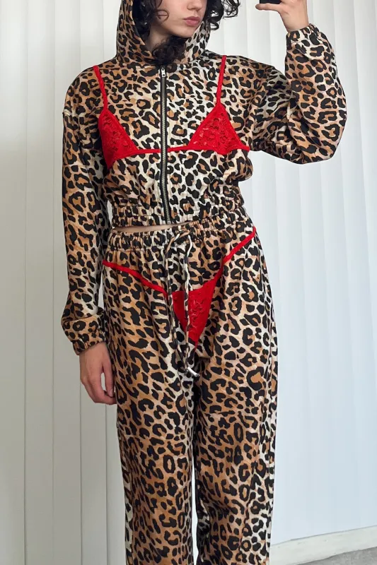 SAMPLE #105 - S Lace Bikini Bod Zip Sweatshirt - Leopard  / Red made by Fashion Brand Company