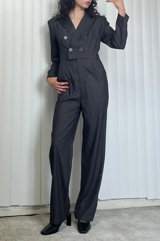 SAMPLE #48 - S Nicole's Cinema Jumpsuit - Gray / Silver Pinstripe made by Fashion Brand Company