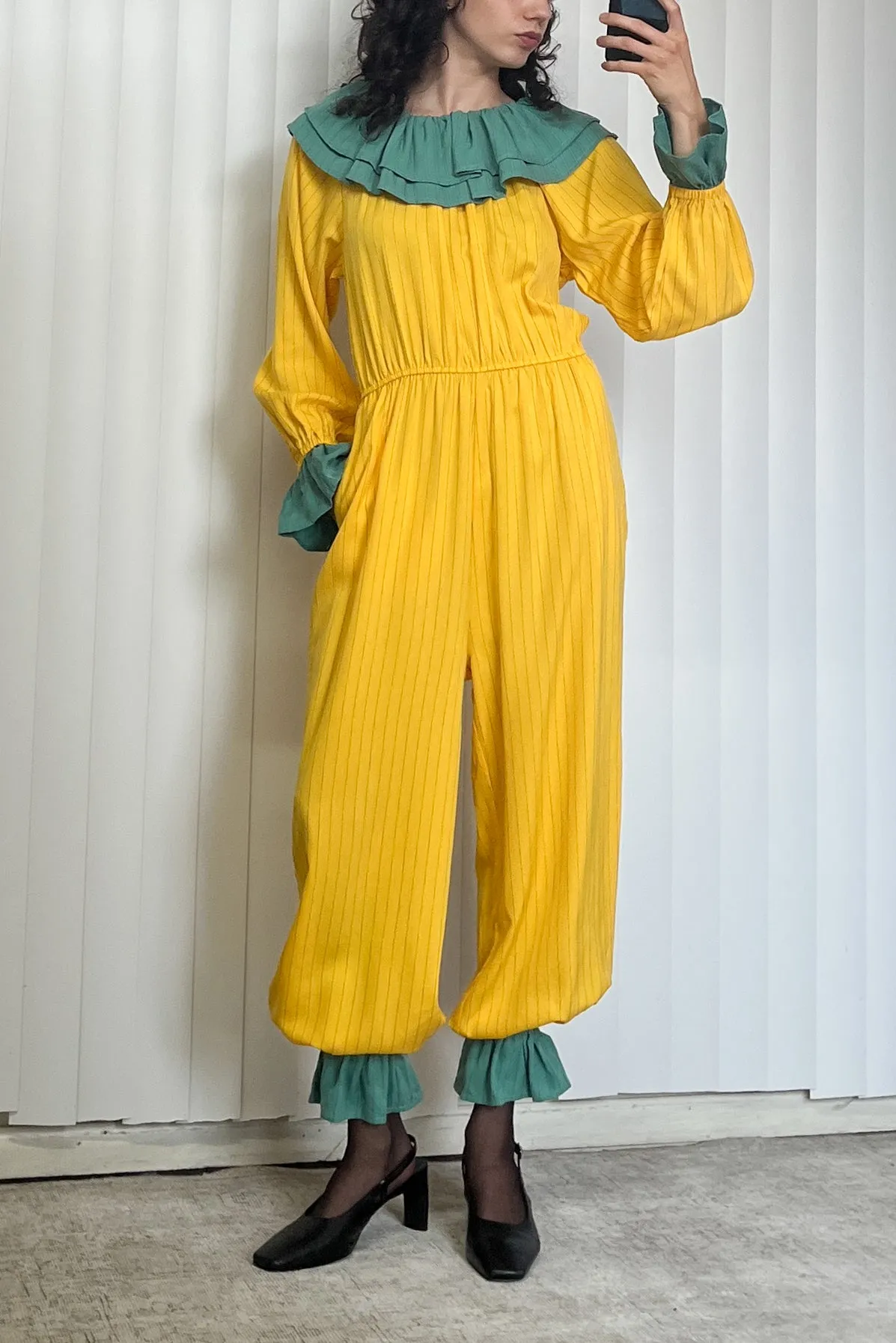 SAMPLE #83 - S/M Clown Jumpsuit Tencel Stripe - Yellow / Green sold by Fashion Brand Company product image thumbnail 3
