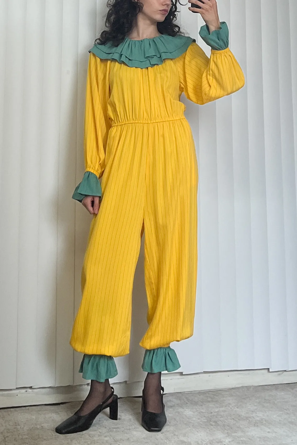 SAMPLE #83 - S/M Clown Jumpsuit Tencel Stripe - Yellow / Green sold by Fashion Brand Company