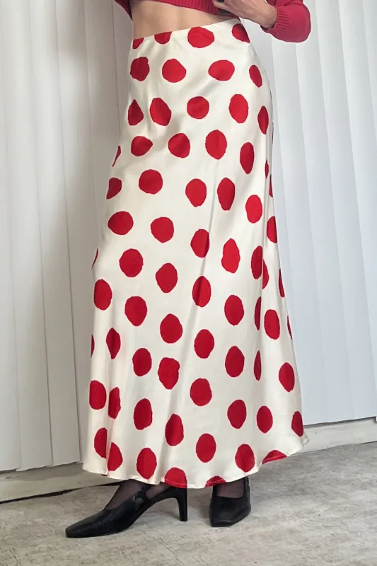 SAMPLE #108 - S Polka Dot Satin Maxi Slip Skirt - White / Red made by Fashion Brand Company